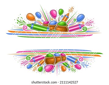 Vector Border for Holi Festival with copy space for text, horizontal frame with illustration of variety colorful balloons, decorative gulal powder in bowls for color holi festival on white background