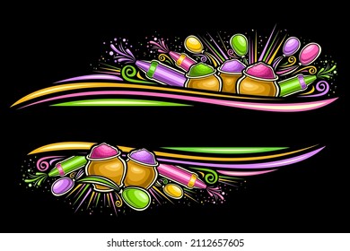 Vector Border for Holi Festival with copy space for text, horizontal coupon with illustration of traditional holi symbols, decorative gulal powder in bowls for holi color festival on dark background