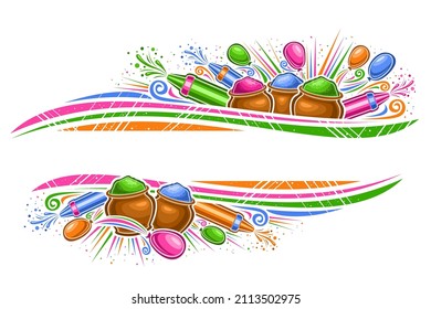 Vector Border for Holi Festival with copy space for text, horizontal voucher with illustration of traditional holi symbols, decorative gulal powder in bowls for holi color festival on white background