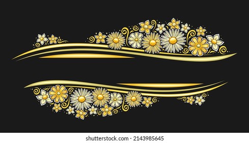 Vector border for Holiday Flowers with copy space for greeting text, advertising voucher with illustration of variety simple pale flowers, cartoon flourishes on dark background for wedding invitation