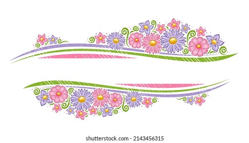 Vector border for Holiday Flowers with copyspace for greeting text, decorative coupon with illustration of various simple march flowers, cartoon flourishes on white background for wedding invitation