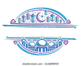 Vector border for Holy Month Ramadan with copy space for text, decorative invitation with illustration of group hanging oil lamps and crescent, masjid with domes and minarets for muslim eid ramadan