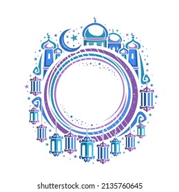 Vector border for Holy Month Ramadan with copyspace for wishing text, round price tag with illustration of hanging lamps and crescent, masjid with dome and minarets for eid ramadan on white background