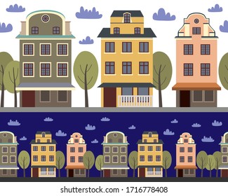 Vector border with houses. Street with colorful houses, trees and clouds on a white background.