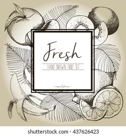 Vector border illustration of fresh tropical fruits with palm leaves. Hand drawn vintage  set of vegetarian tasty organic food with white  square text template isolated on craft brown background.
