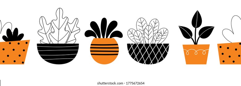 Vector border of indoor plants. Home decor, gardening, potted flowers. Room decoration. Stylized design illustration on a white background. Space for text.