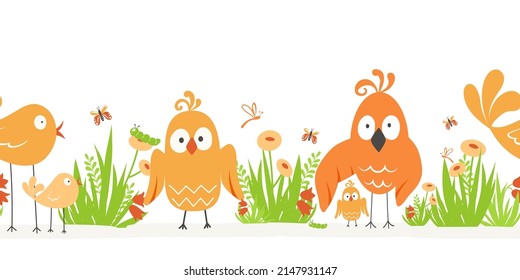 Vector border with insects and birds. Nature, birds, flowers and insects. Vector illustration is suitable for childrens postcards and books.