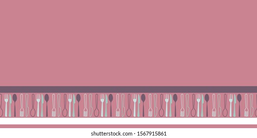 Vector border with knives, forks and spoons between white and purple stripes. One of the "Tea Garden Party" collection patterns.