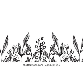 Vector border with leaves and berries. Set of ink hand drawing wild plants and herbs, monochrome artistic botanical illustration for backgrounds. Temlate for wedding cards and polygraphy.