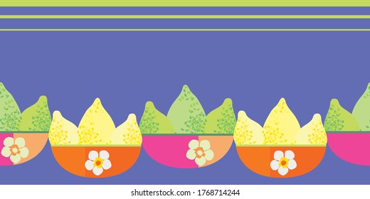 Vector border with limes and lemons in pink orange floral bowls. Seamless citrus fruit banner with space for text on purple backdrop. Hand drawn graphic design with tropical summer vibe.