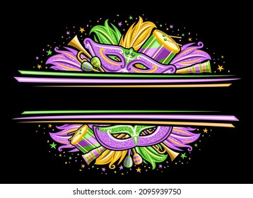 Vector Border for Mardi Gras Carnival with copy space, horizontal invitation with illustration of carnival symbols, musical instruments, purple and green decorative feathers for carnival in Louisiana