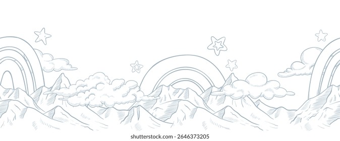 Vector border with Mountains, clouds, and Rainbows in linear sketch style. Outline illustration with landscape for baby designs and children backgrounds. Etched drawing for fantasy wallpaper.