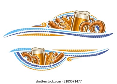 Vector border for Oktoberfest with blank copy space for ad text, decorative greeting card with illustration of beer mug, oktoberfest pretzel, dry autumn leaves and grilled sausages on white background