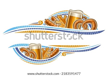 Vector border for Oktoberfest with blank copy space for ad text, decorative greeting card with illustration of beer mug, oktoberfest pretzel, dry autumn leaves and grilled sausages on white background