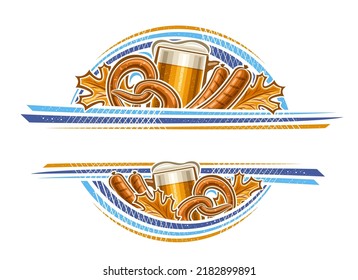 Vector border for Oktoberfest with empty copy space for ad text, decorative greeting card with illustration of beer mug, oktoberfest pretzel, dry autumn leaves and grilled sausages on white background