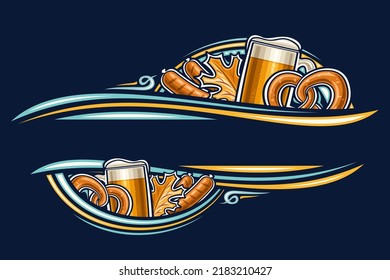 Vector border for Oktoberfest with empty copy space for ad text, decorative greeting card with illustration of draft beer, oktoberfest pretzel, autumn leaves, grilled sausages on dark blue background