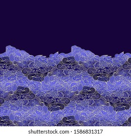 Vector border ornament with  stylized woven sea waves on dark violet background