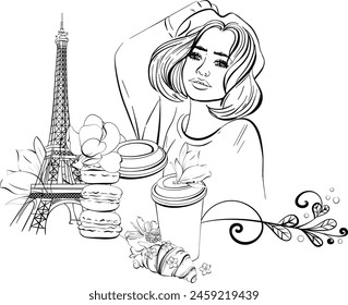 Vector border with Parisian woman and Eiffel Tower, Paper cup of coffee, french baguette and croissant Bakery, street food. Black silhouette for circuit. Romantic travel to France