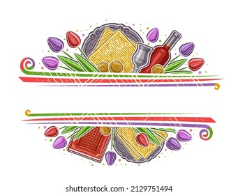 Vector Border for Passover with copy space for text, decorative horizontal coupon with illustration of variety passover symbols, silver goblet, red wine bottle for jewish pesach on white background