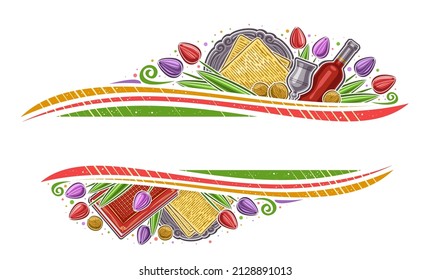 Borde vectorial para la Pascua con espacio de copia para texto, cupón horizontal decorativo con ilustración de símbolos de passover de variedad, goblet plateado, botella de vino tinto para pescar judío sobre fondo blanco