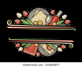 Vector Border for Passover with copyspace for text, decorative horizontal invitation with illustration of various passover symbol, silver goblet, red wine bottle for jewish pesach on black background