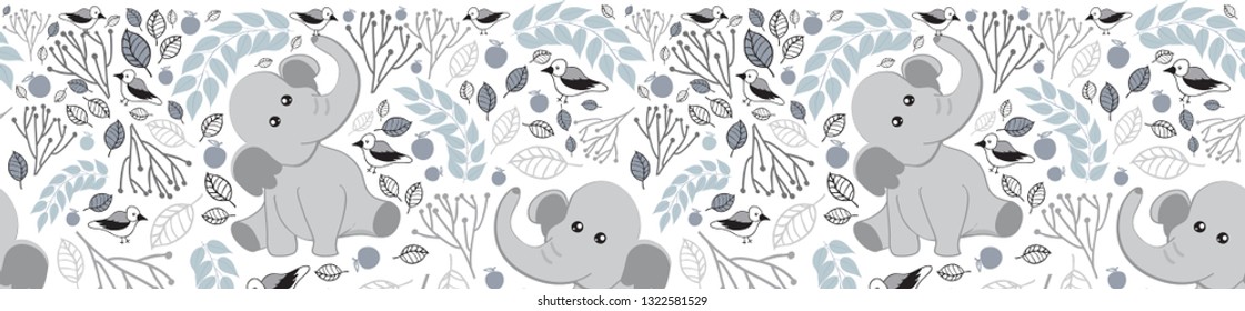Vector Border Pattern with Elephants and birds and leaves with blue and Grey colour pallets.Perfect for nursery wall paper border,towels ,invitation or bottles,cups.