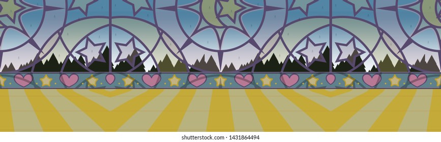 Vector border pattern, kids cartoon style. Ballroom with stained glass window, moon and stars, border wall, tile floor, forest and sky. Rainy day version, for kids games, apps, video channels