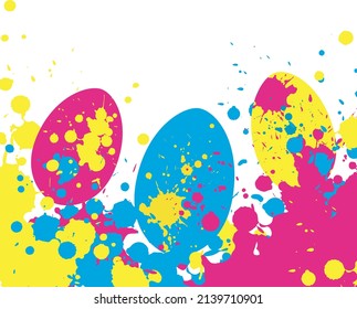 Vector border : pink, blue, yellow splashes, drops and easter eggs. Creative colorful template for holiday card, invitation, poster, packing