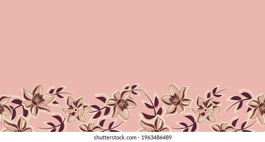 Vector border pink brown flowers seamless pattern