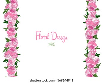 Vector border with pink peonies on a white background.