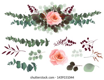 Vector border of pink roses, berries and leaves. All elements are isolated on a white background.
