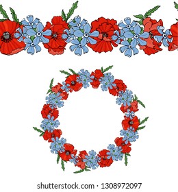 Vector border with poppies and forget-me-nots