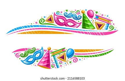 Vector Border for Purim Carnival with copy space for text, horizontal banner with illustration of variety vivid purim symbols, decorative confetti and sweet haman's ears for purim on white background