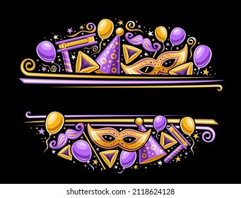 Borde vectorial para el Carnaval de Purim con espacio de copia para texto, vale horizontal con ilustración de globos púrpura, confeti decorativo y orejas de haman dulce para el festival judío purim sobre fondo oscuro