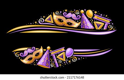 Vector Border For Purim Carnival With Copyspace For Text, Horizontal Banner With Illustration Of Various Purple Purim Symbols, Decorative  Confetti And Sweet Haman's Ears For Purim On Dark Background