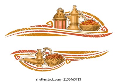 Vector border for Ramadan Iftar with copy space for wishing text, greeting card with illustration of bronze dallah, old fanoos, aladin lamp, dry date dish for religious iftar party on white background