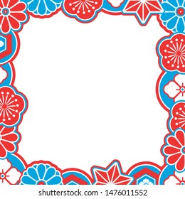 Vector border with red, blue and white traditional Japanese style ornamental flowers and geometrical shapes