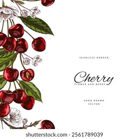 Vector border with red cherry berries, white flowers and green leaves. The botanical graphics emphasize the ripeness and bright taste of the summer delicacy