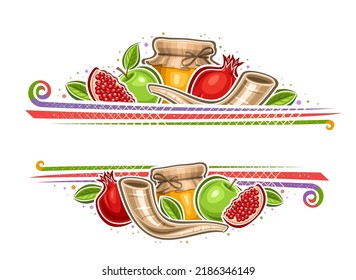 Vektorgrenze für Rosh Hashanah mit Kopienraum für Gratulationstext, dekorative Einladung mit Illustration von Granatapfelscheibe, Honiggläser, grüner Apfel mit Blatt und Shofar auf weißem Hintergrund