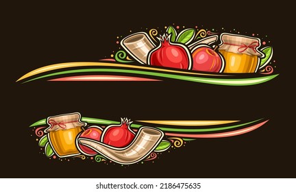 Vector border for Rosh Hashanah with copy space for congratulation text, decorative invitation with illustration of pomegranate, farm honey jar, fresh red apple and religious horn on dark background