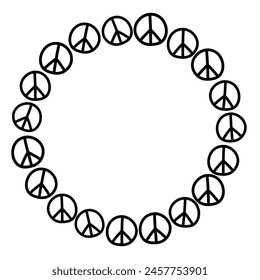 Vector border, round frame with international symbol of pacifism, disarmament, world peace. Simple background, decoration in doodle flat style