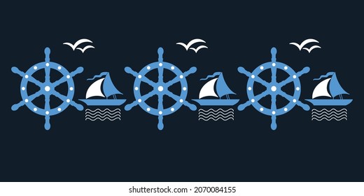 Vector border, Sailing yacht , seagulls and steering wheel. Blue and white