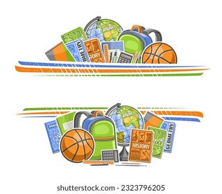 Vector border for School with empty copy space for ad text, decorative layout with illustration of various school textbooks and compass divider, group of different school supplies on white background