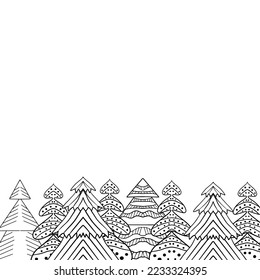 Borde de vectores sin fisuras con árboles de Navidad en un contorno negro sobre un fondo blanco. Estilo Doodle para la decoración, empaque, invitación.