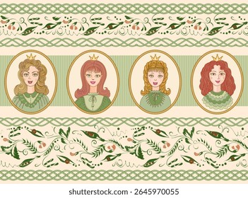 motif harmonieux de bordure d'Image vectorielle de portraits de princesse de conte de fées et guirlandes de pois verts sur fond beige