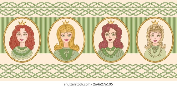 Vector border seamless pattern of fairy tale princess portraits and green pea garlands. 4 pattern brushes in the brush definition pallete