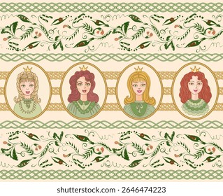 motif harmonieux de bordure d'Image vectorielle de portraits de princesse de conte de fées et guirlandes de pois verts sur fond beige