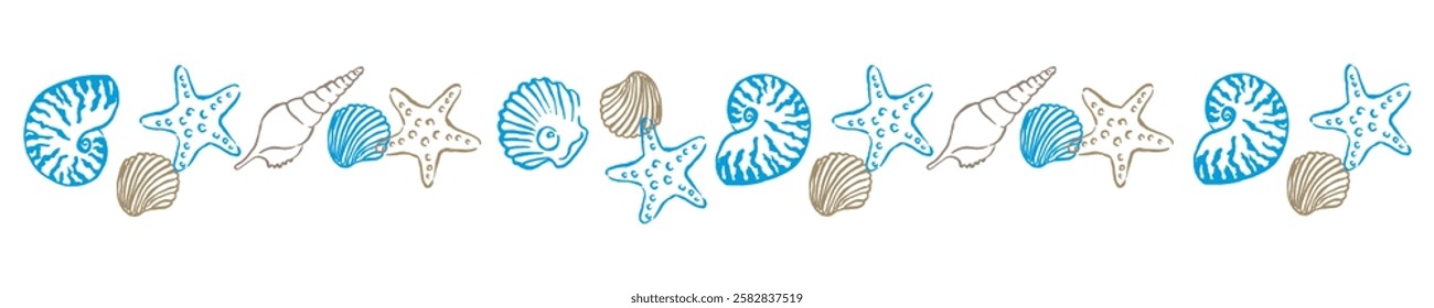 Borda vetorial com conchas marinhas, quadro de arte de linha elementos do mar tropical, conchas marinhas, estrelas-do-mar