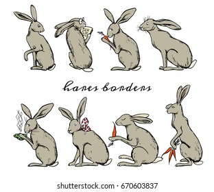 Vector border set with hand drawn cute hares with carrots sitting in a row. Beautiful ink drawing made in retro style. Perfect design elements.