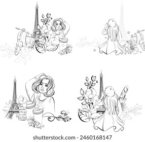 Vector border set with Parisian woman and Eiffel Tower, Paper cup of coffee, french baguette and croissant. Bakery, street food. Black silhouette for circuit. Romantic travel to France